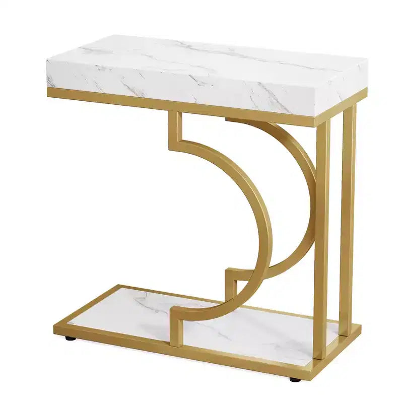 Table d'appoint étroite en C avec plateau imitation marbre et cadre en métal – 60 cm H x 60 cm L x 30 cm P