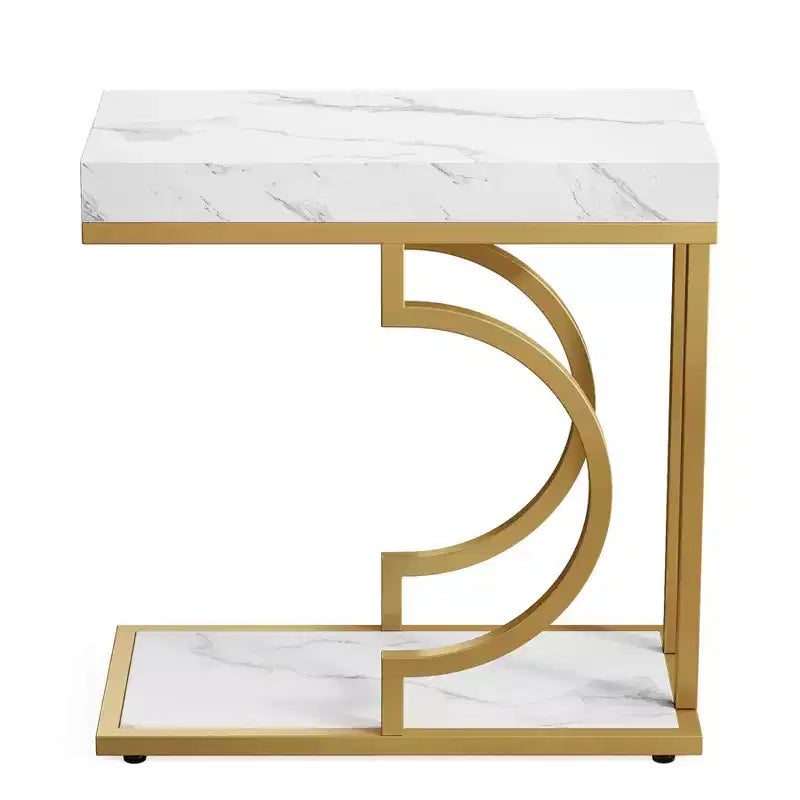 Table d'appoint étroite en C avec plateau imitation marbre et cadre en métal – 60 cm H x 60 cm L x 30 cm P