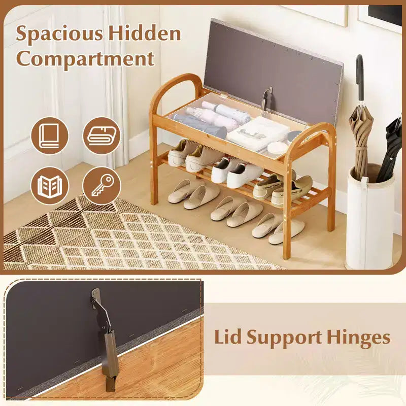 Banc à chaussures d'entrée en bambou avec rangement à abattant – 70 cm (L) x 32 cm (l) x 51 cm (H), capacité de 150 kg
