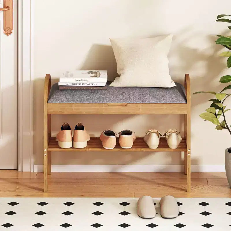 Banc à chaussures d'entrée en bambou avec rangement à abattant – 70 cm (L) x 32 cm (l) x 51 cm (H), capacité de 150 kg