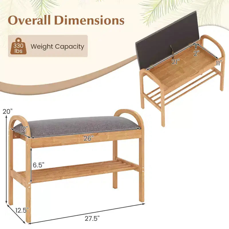 Banc à chaussures d'entrée en bambou avec rangement à abattant – 70 cm (L) x 32 cm (l) x 51 cm (H), capacité de 150 kg