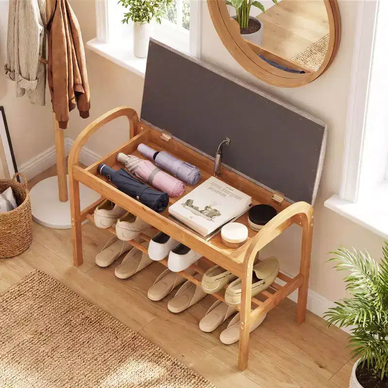 Banc à chaussures d'entrée en bambou avec rangement à abattant – 70 cm (L) x 32 cm (l) x 51 cm (H), capacité de 150 kg