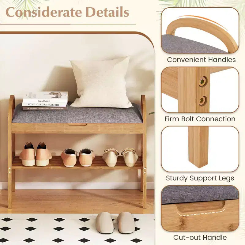 Banc à chaussures d'entrée en bambou avec rangement à abattant – 70 cm (L) x 32 cm (l) x 51 cm (H), capacité de 150 kg