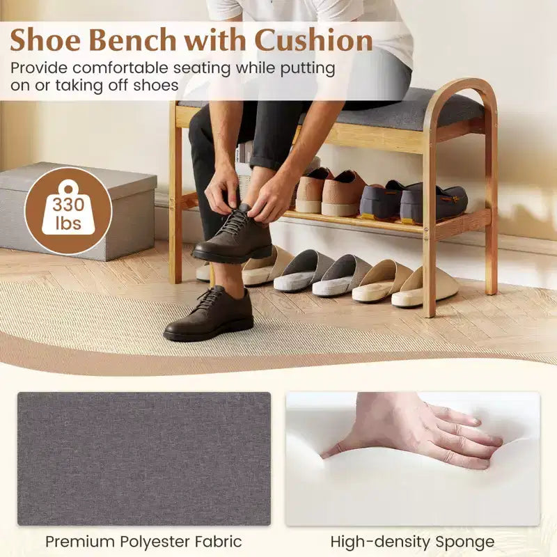 Banc à chaussures d'entrée en bambou avec rangement à abattant – 70 cm (L) x 32 cm (l) x 51 cm (H), capacité de 150 kg