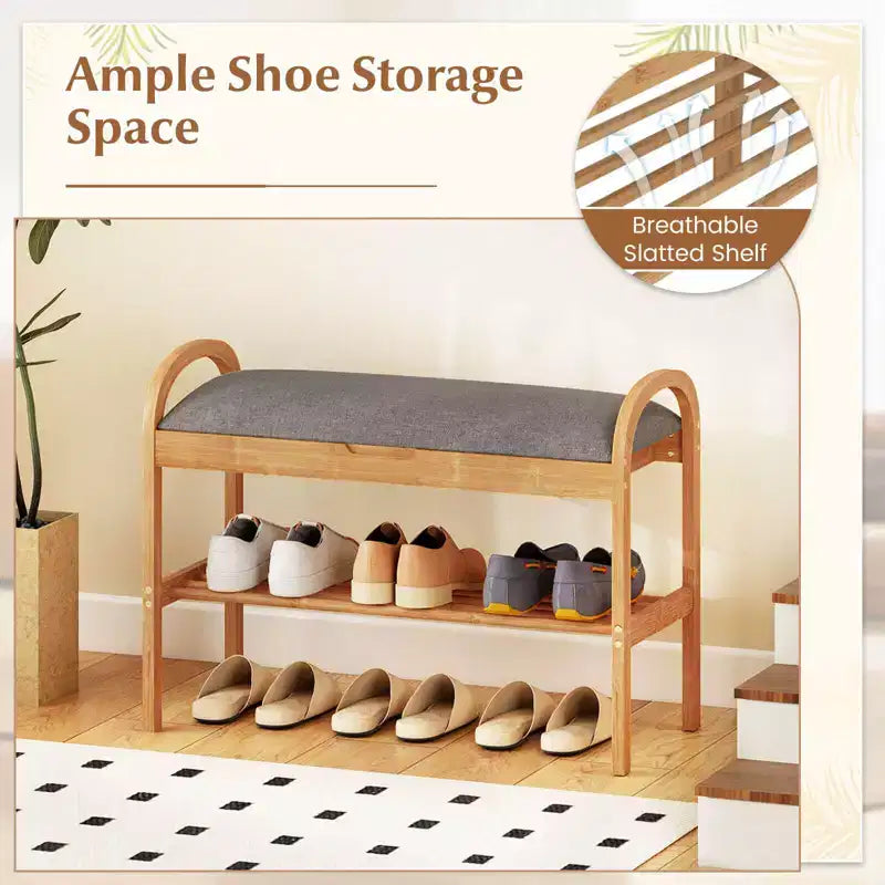 Banc à chaussures d'entrée en bambou avec rangement à abattant – 70 cm (L) x 32 cm (l) x 51 cm (H), capacité de 150 kg