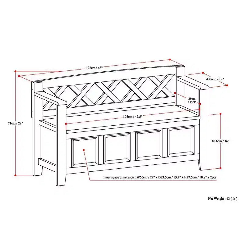 Banc de rangement d'entrée en bois massif 122 cm avec abattant – 71 cm H x 122 cm L x 43 cm P