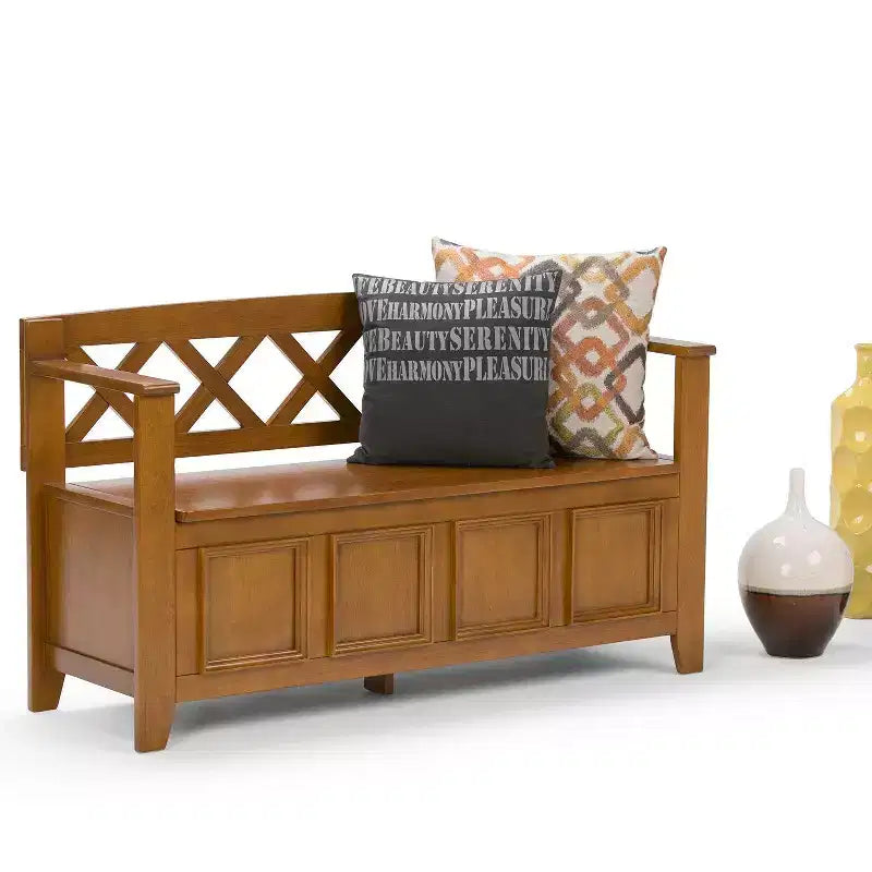Banc de rangement d'entrée en bois massif 122 cm avec abattant – 71 cm H x 122 cm L x 43 cm P