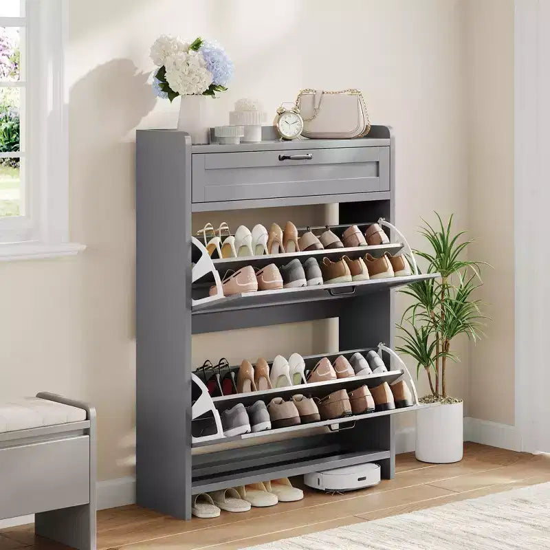 Meuble à chaussures en bois avec 2 tiroirs abattants et 1 tiroir supérieur, étagère réglable – Contient 12 à 16 paires
