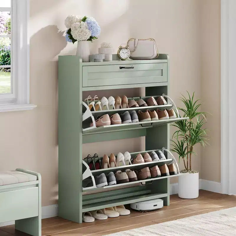 Meuble à chaussures en bois avec 2 tiroirs abattants et 1 tiroir supérieur, étagère réglable – Contient 12 à 16 paires