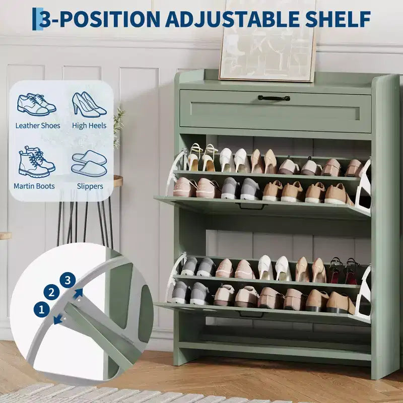 Meuble à chaussures en bois avec 2 tiroirs abattants et 1 tiroir supérieur, étagère réglable – Contient 12 à 16 paires