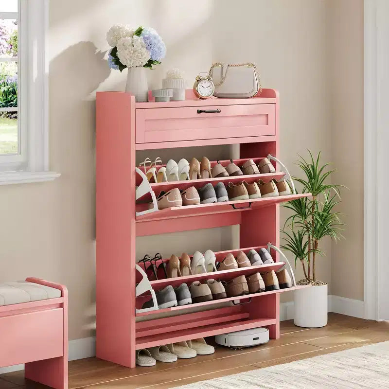 Meuble à chaussures en bois avec 2 tiroirs abattants et 1 tiroir supérieur, étagère réglable – Contient 12 à 16 paires