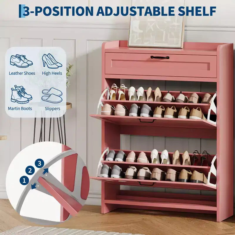 Meuble à chaussures en bois avec 2 tiroirs abattants et 1 tiroir supérieur, étagère réglable – Contient 12 à 16 paires