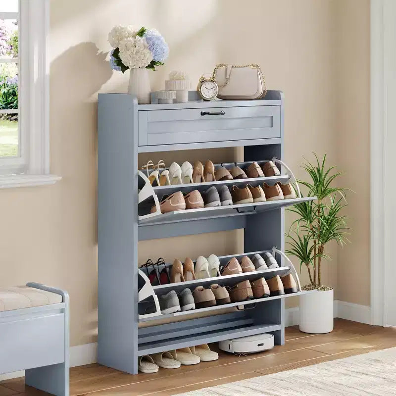 Meuble à chaussures en bois avec 2 tiroirs abattants et 1 tiroir supérieur, étagère réglable – Contient 12 à 16 paires