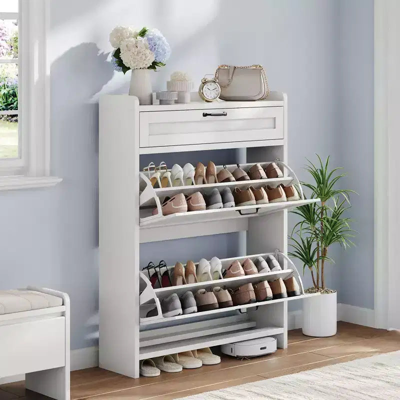 Meuble à chaussures en bois avec 2 tiroirs abattants et 1 tiroir supérieur, étagère réglable – Contient 12 à 16 paires