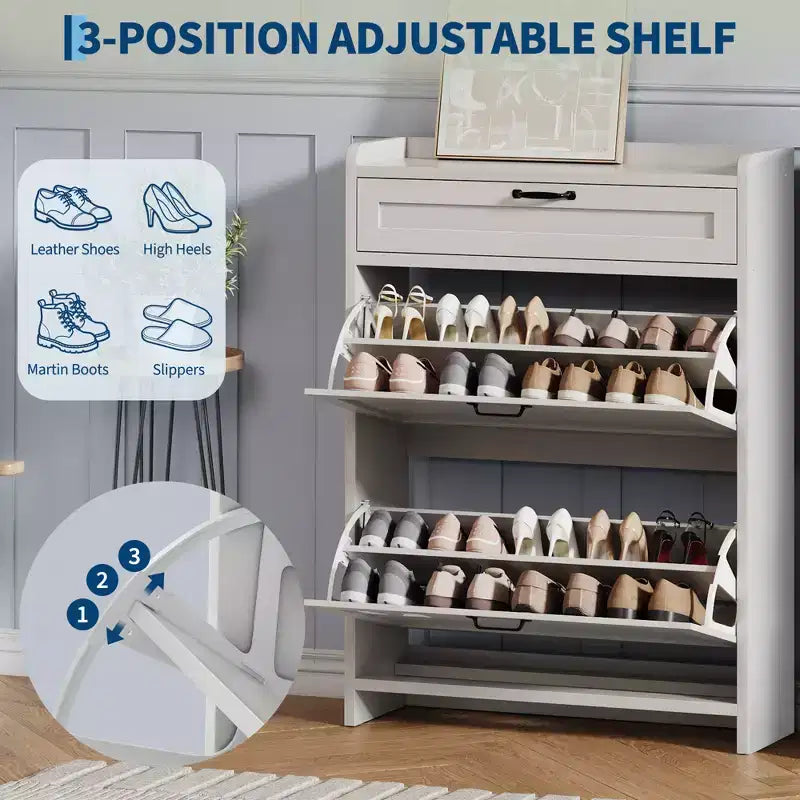 Meuble à chaussures en bois avec 2 tiroirs abattants et 1 tiroir supérieur, étagère réglable – Contient 12 à 16 paires