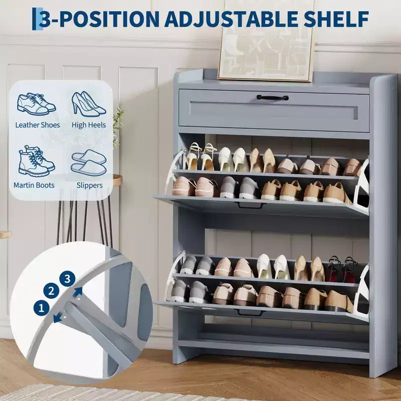 Meuble à chaussures en bois avec 2 tiroirs abattants et 1 tiroir supérieur, étagère réglable – Contient 12 à 16 paires