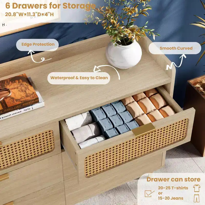 Commode 6 tiroirs style Mid-Century avec panneaux en rotin et quincaillerie dorée – 120 cm L x 40 cm l x 85 cm H