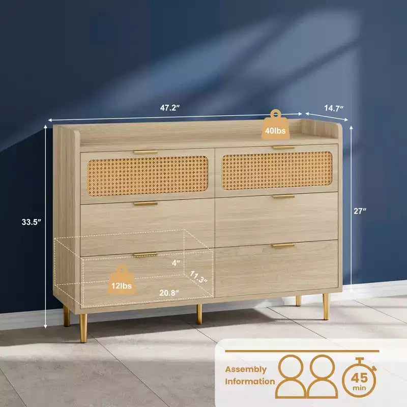 Commode 6 tiroirs style Mid-Century avec panneaux en rotin et quincaillerie dorée – 120 cm L x 40 cm l x 85 cm H