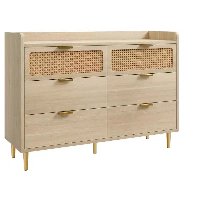 Commode 6 tiroirs style Mid-Century avec panneaux en rotin et quincaillerie dorée – 120 cm L x 40 cm l x 85 cm H