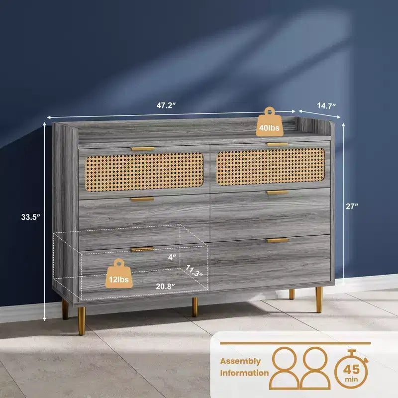 Commode 6 tiroirs style Mid-Century avec panneaux en rotin et quincaillerie dorée – 120 cm L x 40 cm l x 85 cm H