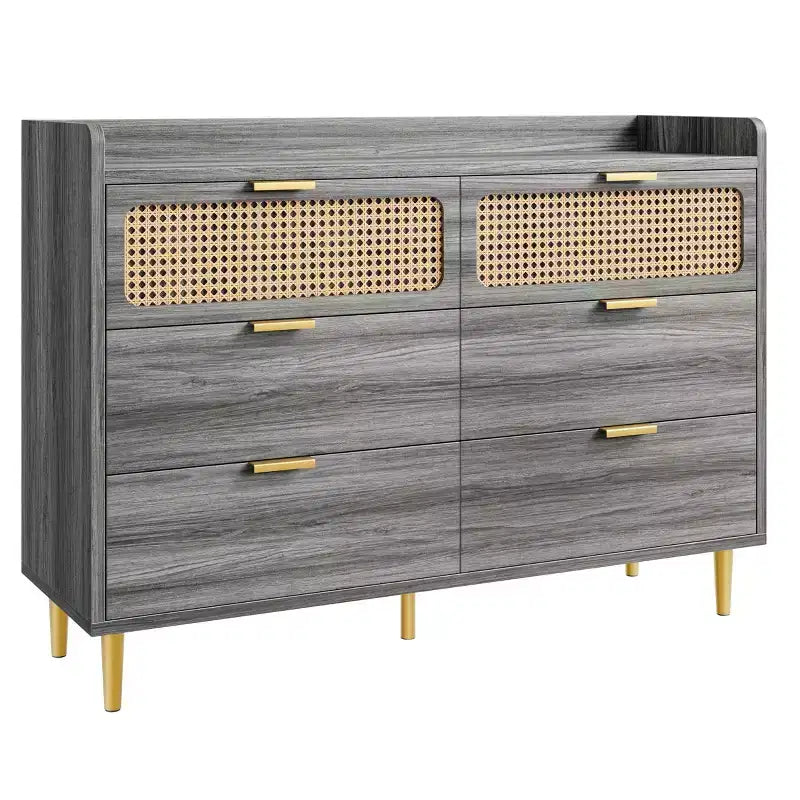Commode 6 tiroirs style Mid-Century avec panneaux en rotin et quincaillerie dorée – 120 cm L x 40 cm l x 85 cm H