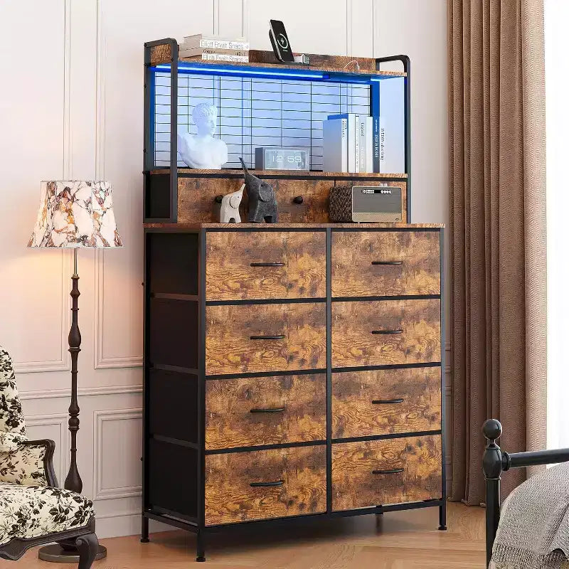 Commode à 11 tiroirs en tissu avec éclairage LED et station de recharge – Style industriel