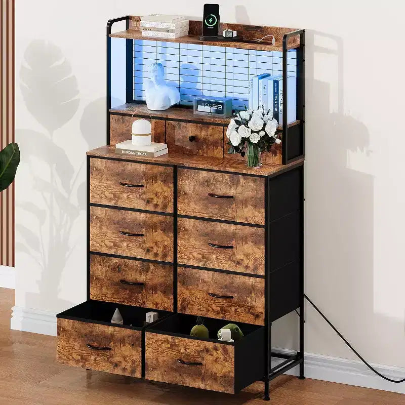 Commode à 11 tiroirs en tissu avec éclairage LED et station de recharge – Style industriel