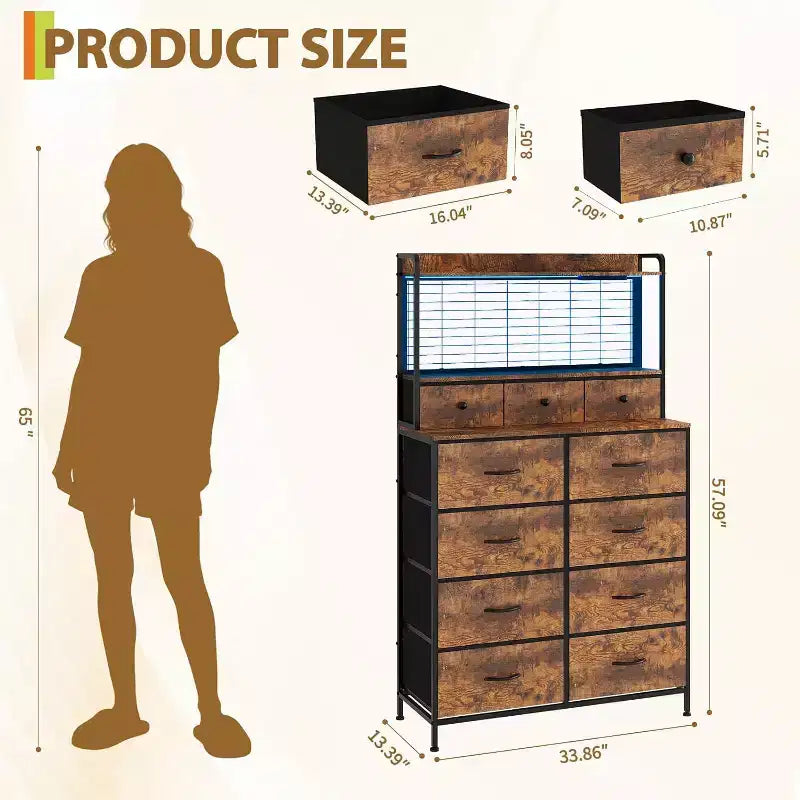 Commode à 11 tiroirs en tissu avec éclairage LED et station de recharge – Style industriel