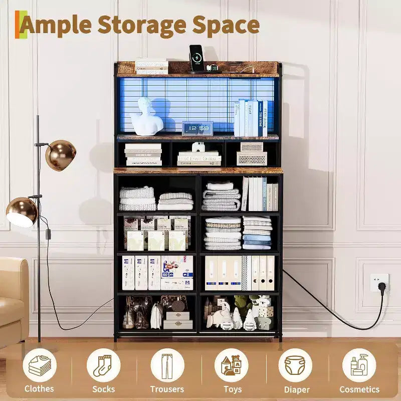 Commode à 11 tiroirs en tissu avec éclairage LED et station de recharge – Style industriel