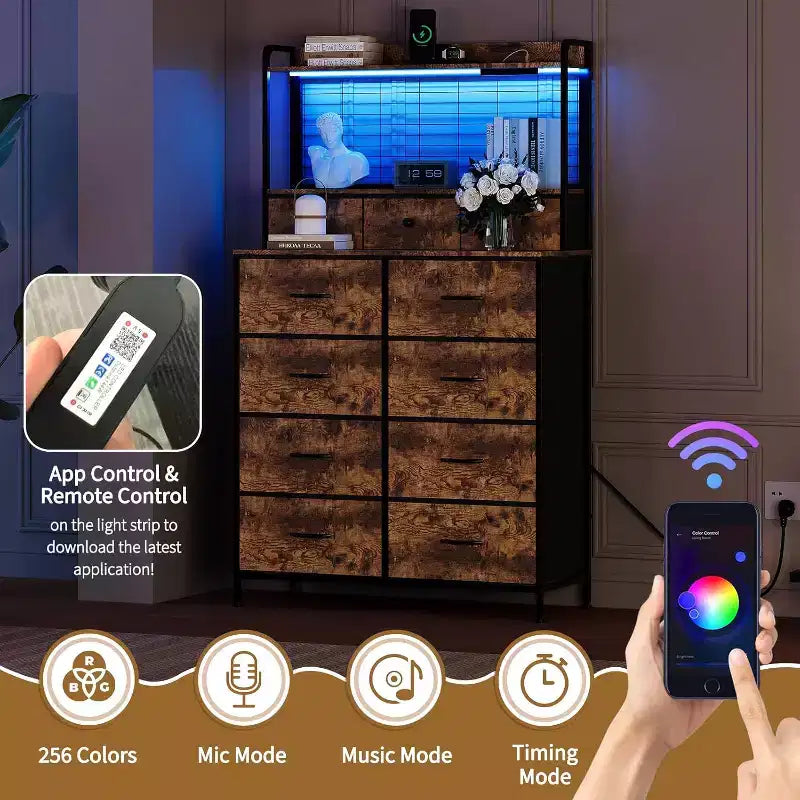 Commode à 11 tiroirs en tissu avec éclairage LED et station de recharge – Style industriel