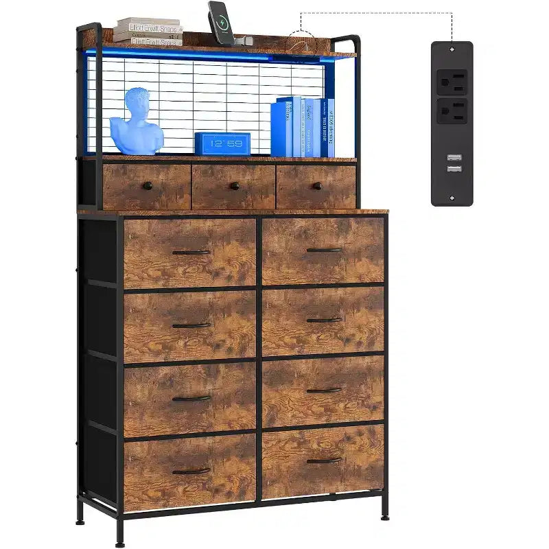Commode à 11 tiroirs en tissu avec éclairage LED et station de recharge – Style industriel