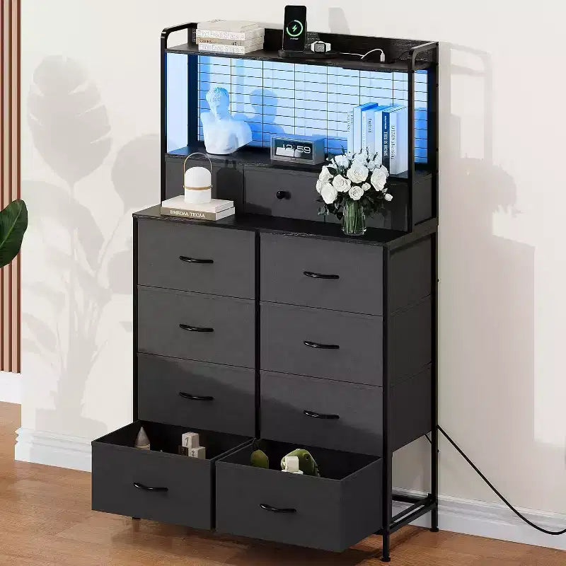 Commode à 11 tiroirs en tissu avec éclairage LED et station de recharge – Style industriel
