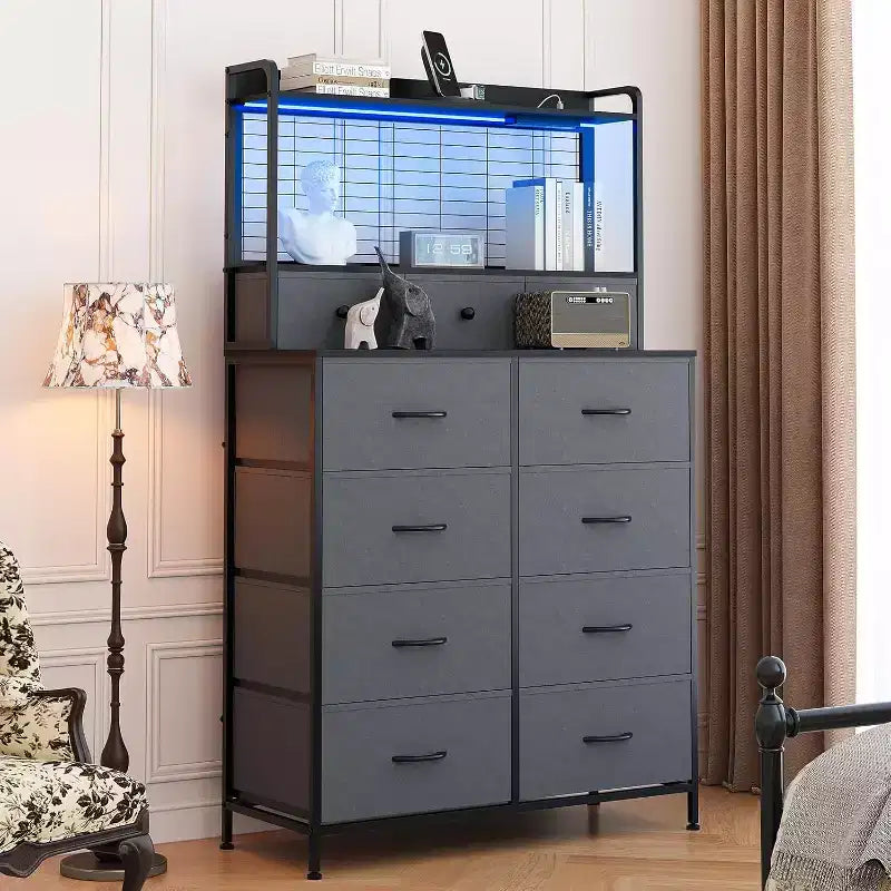 Commode à 11 tiroirs en tissu avec éclairage LED et station de recharge – Style industriel