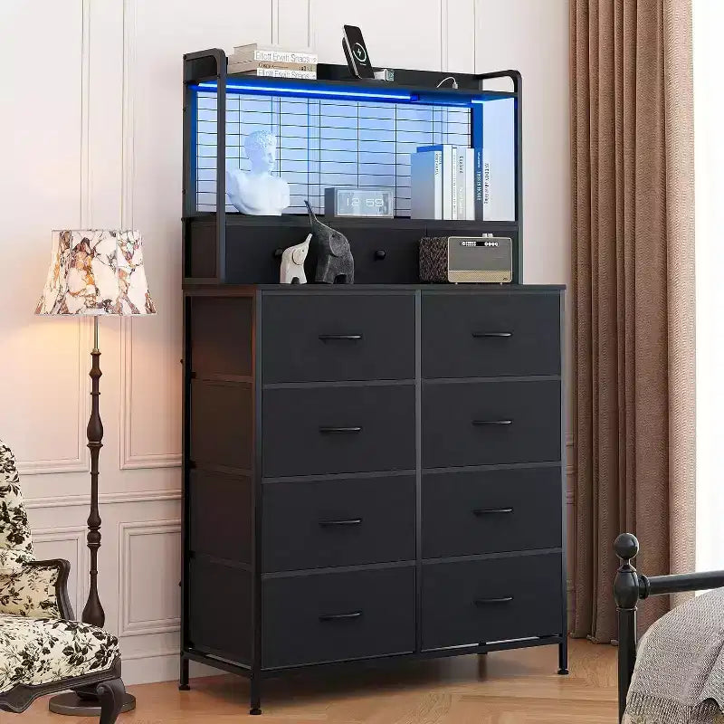 Commode à 11 tiroirs en tissu avec éclairage LED et station de recharge – Style industriel