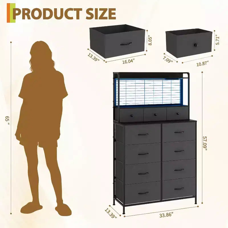 Commode à 11 tiroirs en tissu avec éclairage LED et station de recharge – Style industriel