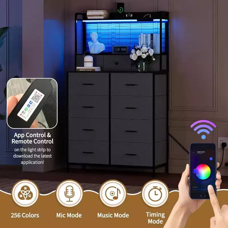 Commode à 11 tiroirs en tissu avec éclairage LED et station de recharge – Style industriel