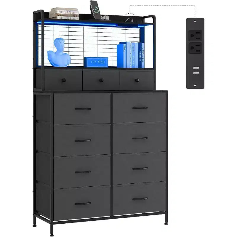 Commode à 11 tiroirs en tissu avec éclairage LED et station de recharge – Style industriel