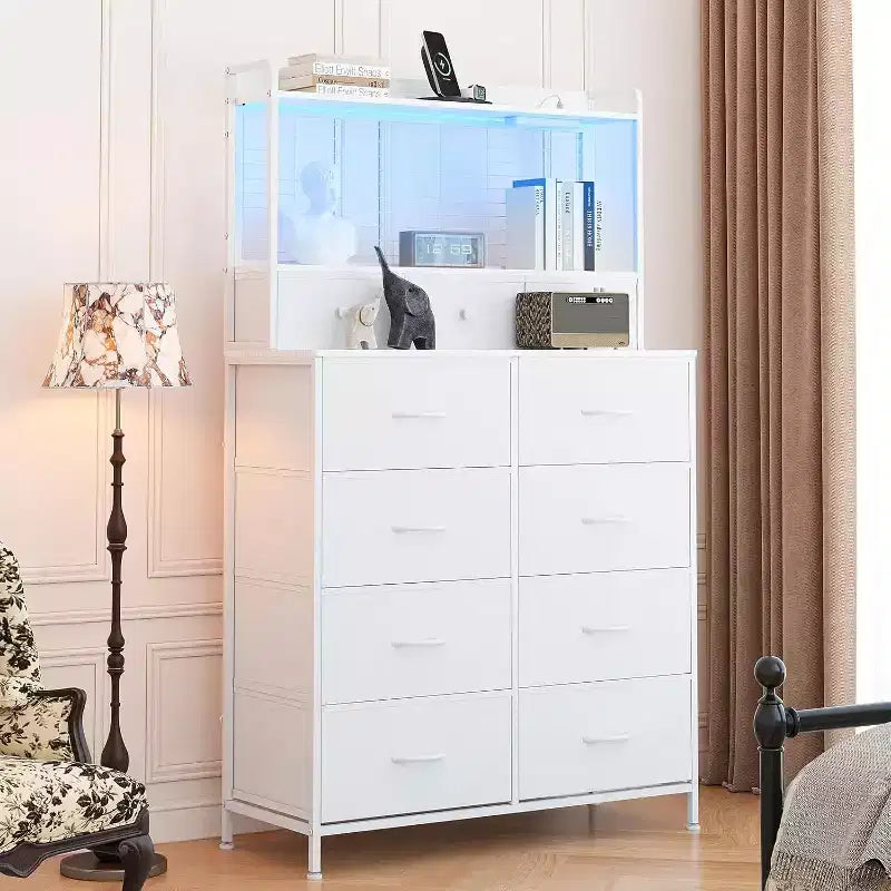 Commode à 11 tiroirs en tissu avec éclairage LED et station de recharge – Style industriel