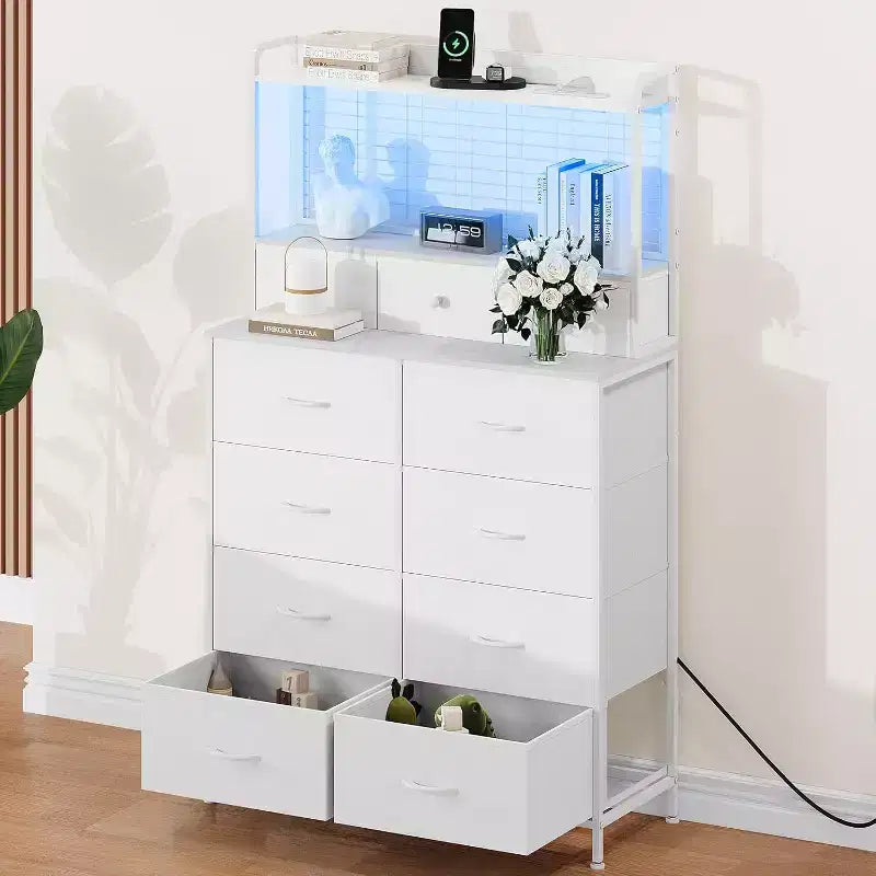 Commode à 11 tiroirs en tissu avec éclairage LED et station de recharge – Style industriel