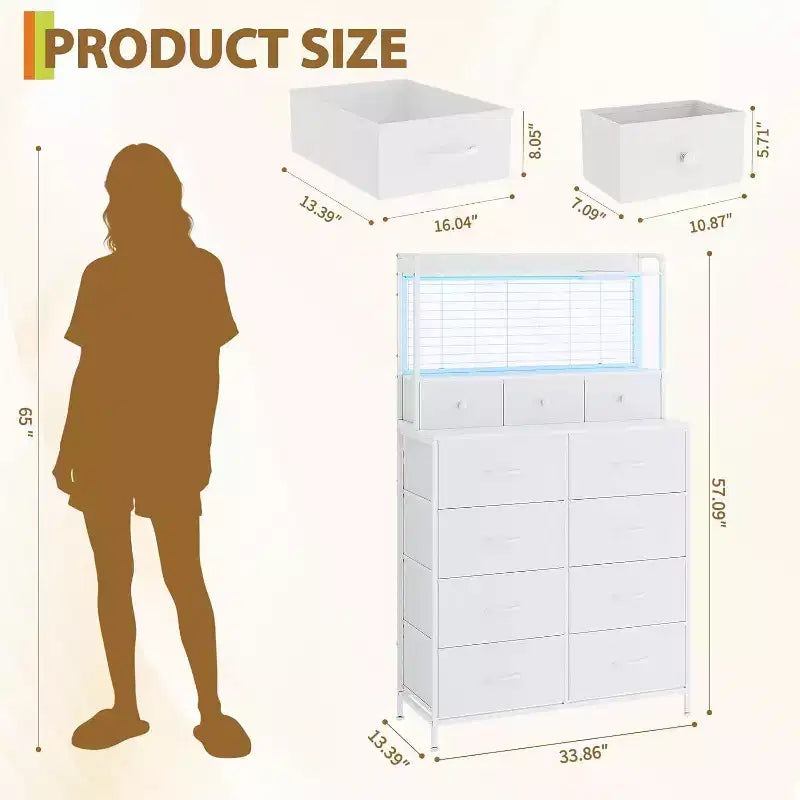 Commode à 11 tiroirs en tissu avec éclairage LED et station de recharge – Style industriel