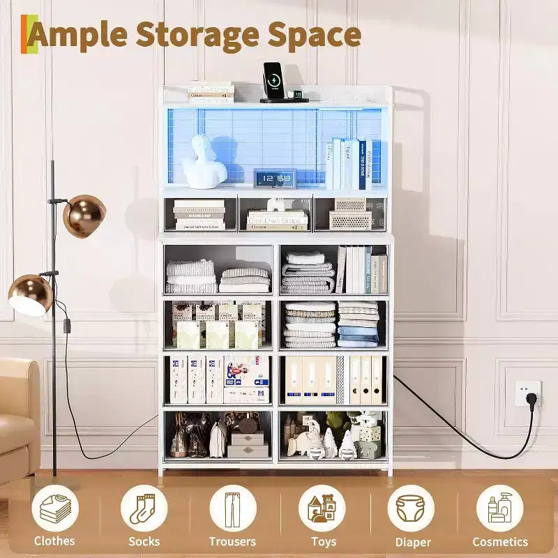 Commode à 11 tiroirs en tissu avec éclairage LED et station de recharge – Style industriel