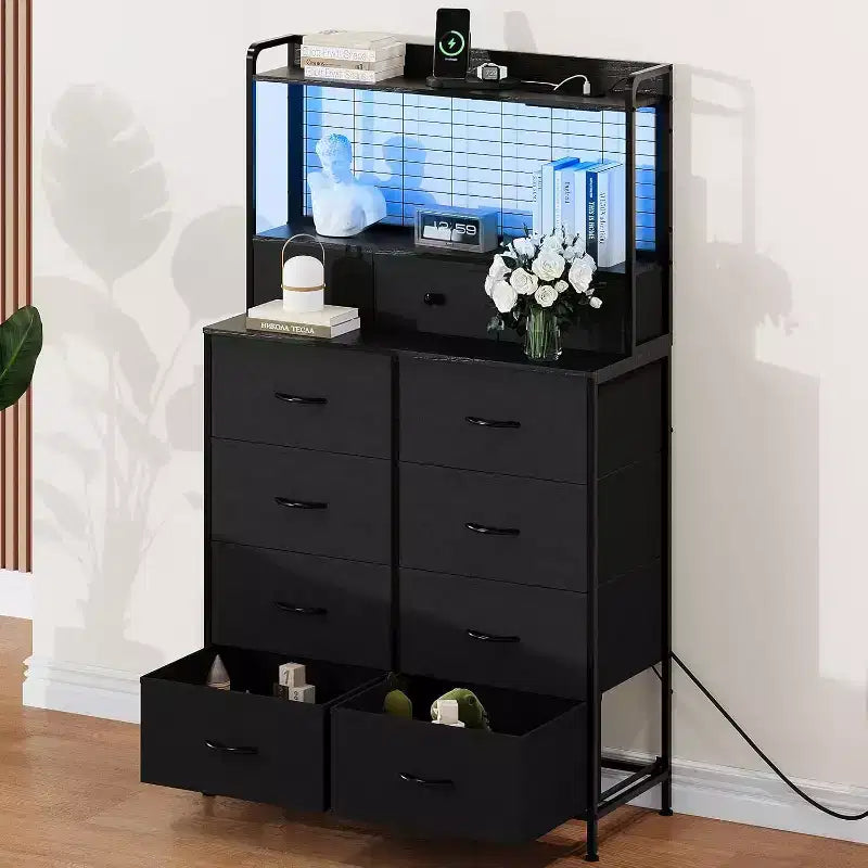 Commode à 11 tiroirs en tissu avec éclairage LED et station de recharge – Style industriel