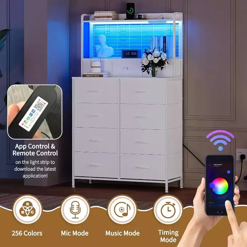 Commode à 11 tiroirs en tissu avec éclairage LED et station de recharge – Style industriel