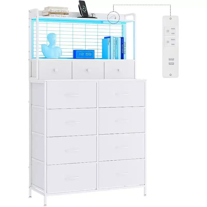 Commode à 11 tiroirs en tissu avec éclairage LED et station de recharge – Style industriel