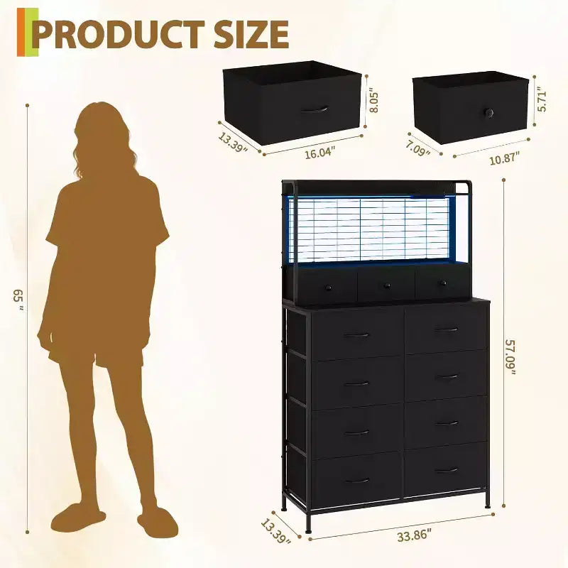 Commode à 11 tiroirs en tissu avec éclairage LED et station de recharge – Style industriel