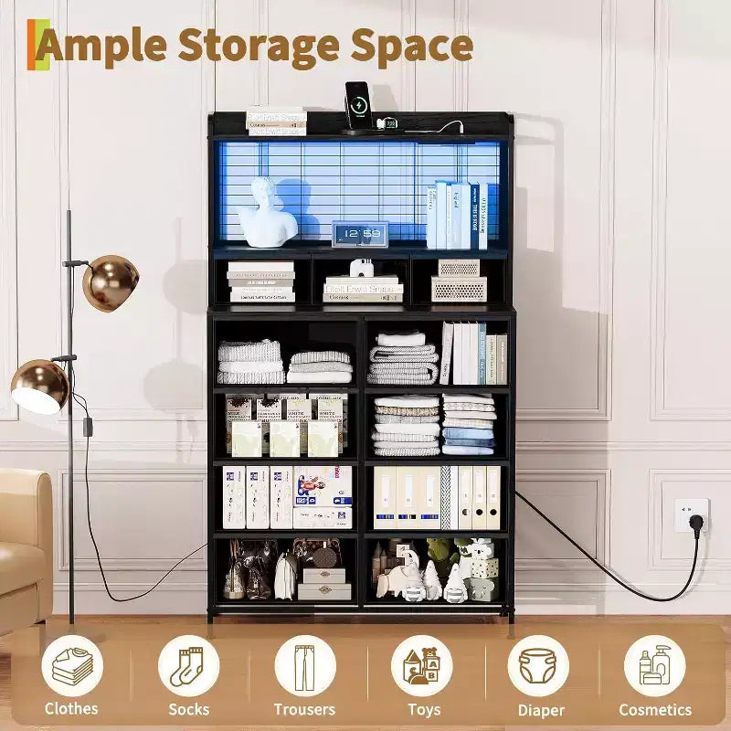 Commode à 11 tiroirs en tissu avec éclairage LED et station de recharge – Style industriel