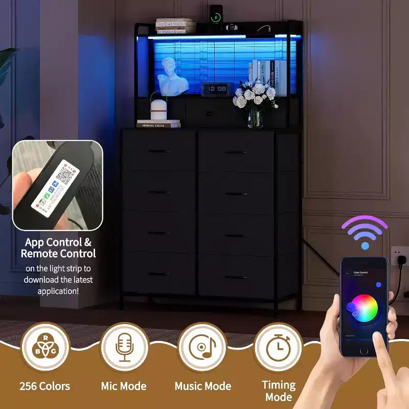 Commode à 11 tiroirs en tissu avec éclairage LED et station de recharge – Style industriel