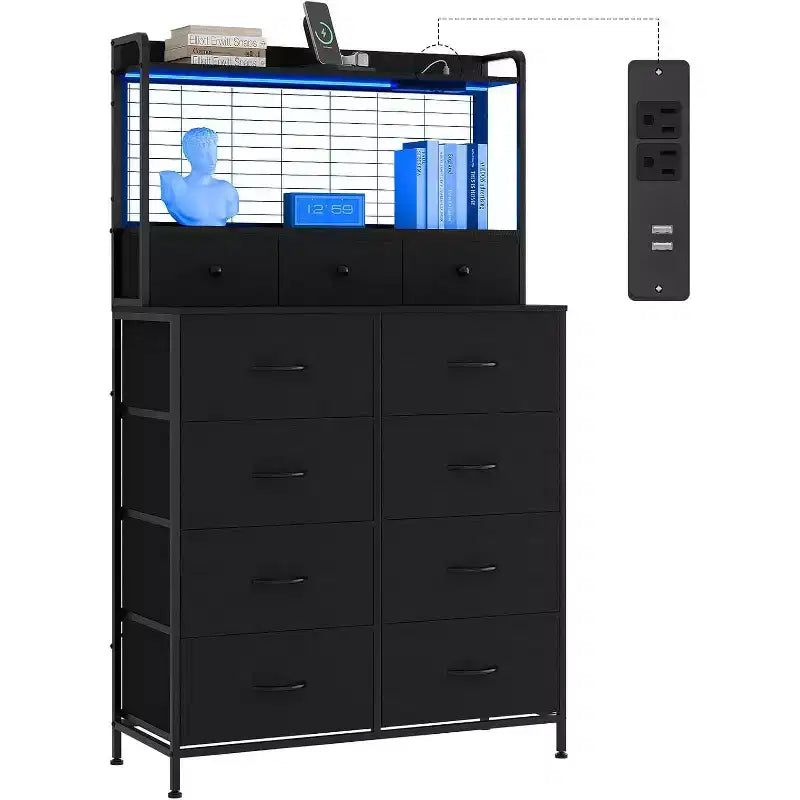 Commode à 11 tiroirs en tissu avec éclairage LED et station de recharge – Style industriel