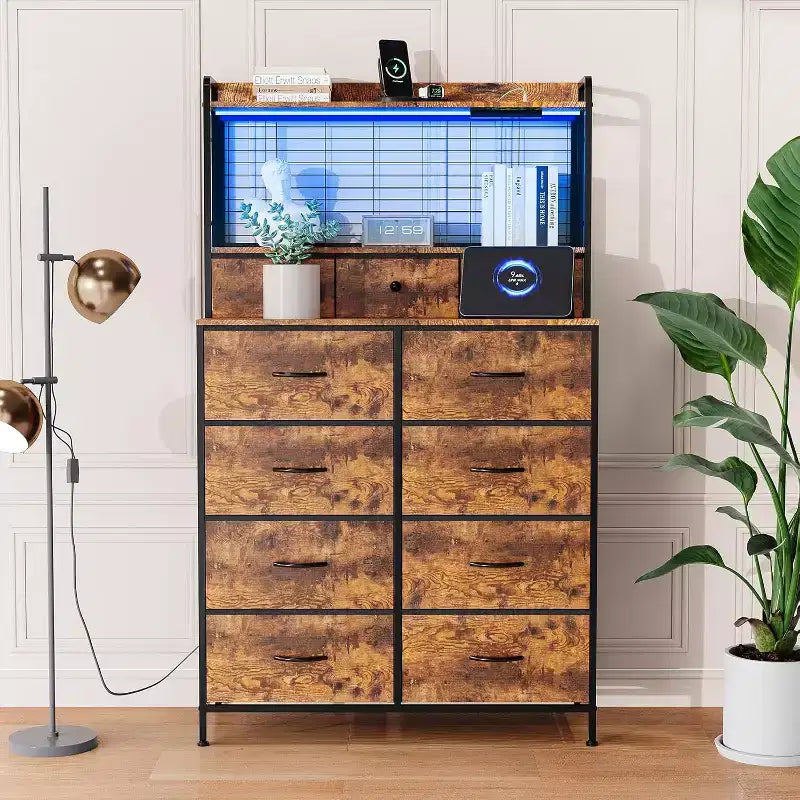 Commode à 11 tiroirs en tissu avec éclairage LED et station de recharge – Style industriel