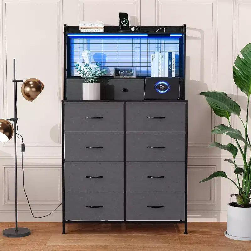 Commode à 11 tiroirs en tissu avec éclairage LED et station de recharge – Style industriel